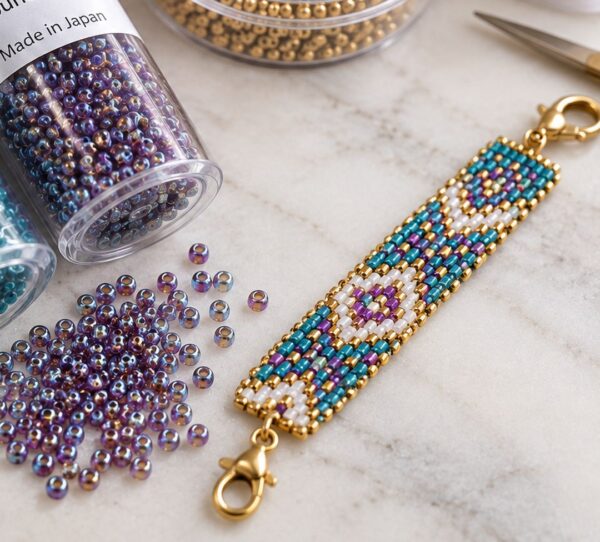 Pulsera tejida en telar junto a rocallas Miyuki